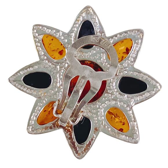 Genuine Baltic Amber Sterling Silver Clip On Sunflower Earrings Poland Vintage - Picture 16 of 16